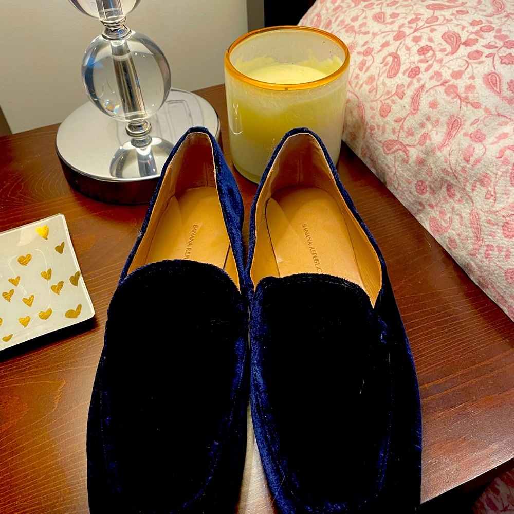 Beautiful Blue velvet loafers .  Never worn